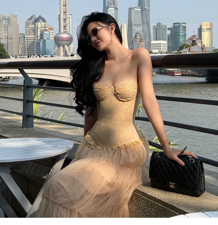 Lace Tube Top & Ruched Mesh Maxi Skirt Set