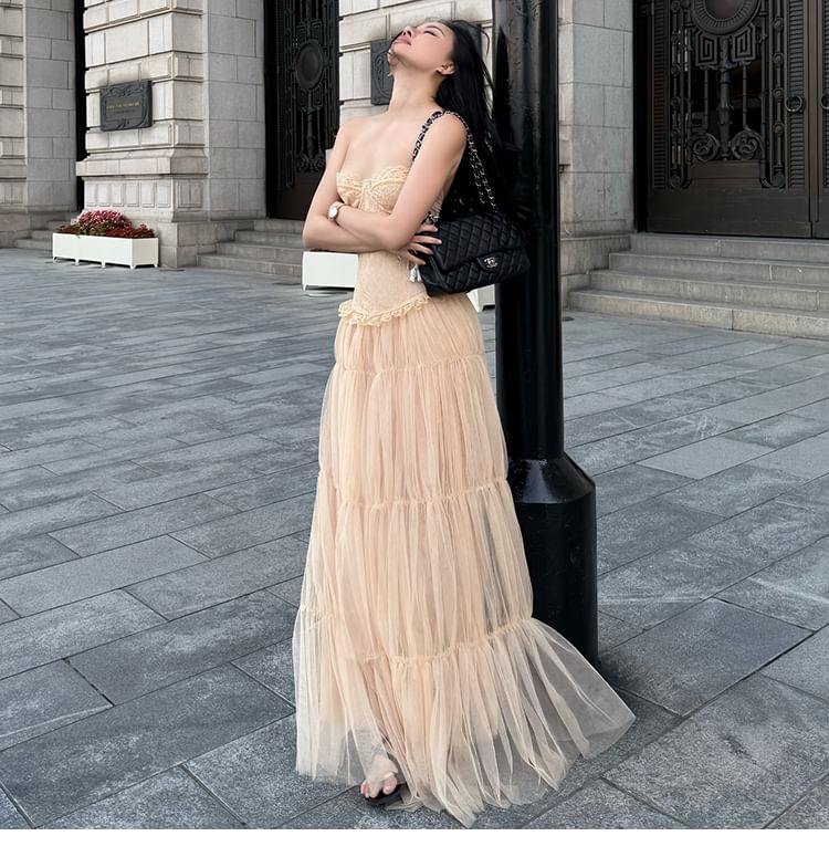 Lace Tube Top & Ruched Mesh Maxi Skirt Set
