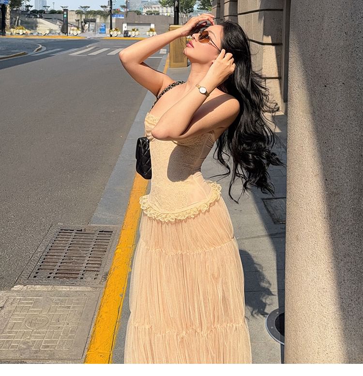 Lace Tube Top & Ruched Mesh Maxi Skirt Set