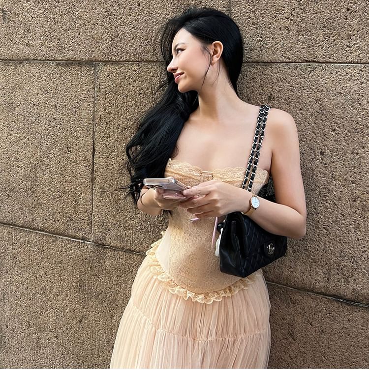 Lace Tube Top & Ruched Mesh Maxi Skirt Set