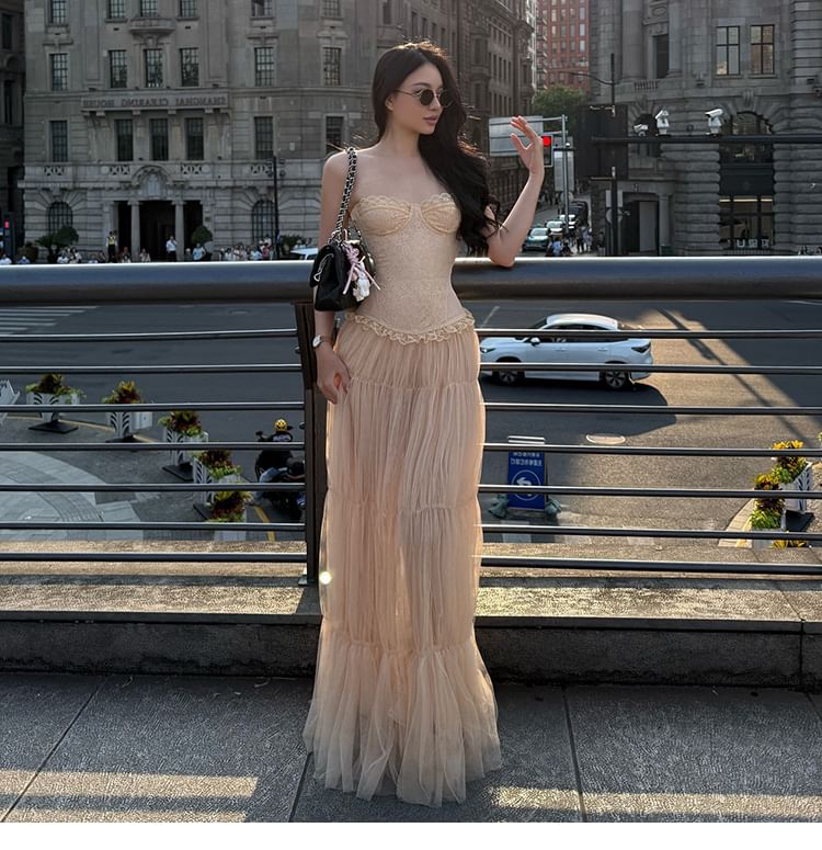 Lace Tube Top & Ruched Mesh Maxi Skirt Set