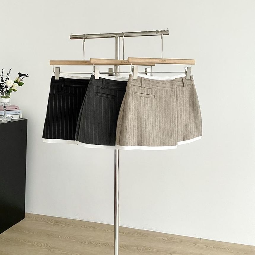 High-Rise Striped Asymmetric Contrast-Trim Mini Flared Skirt