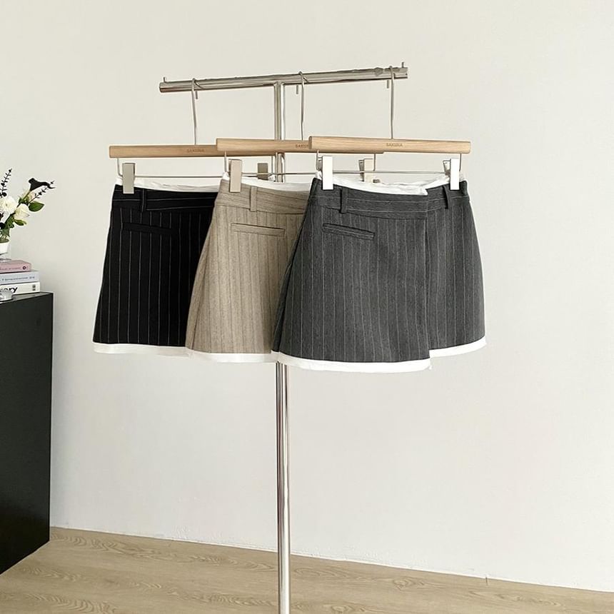 High-Rise Striped Asymmetric Contrast-Trim Mini Flared Skirt