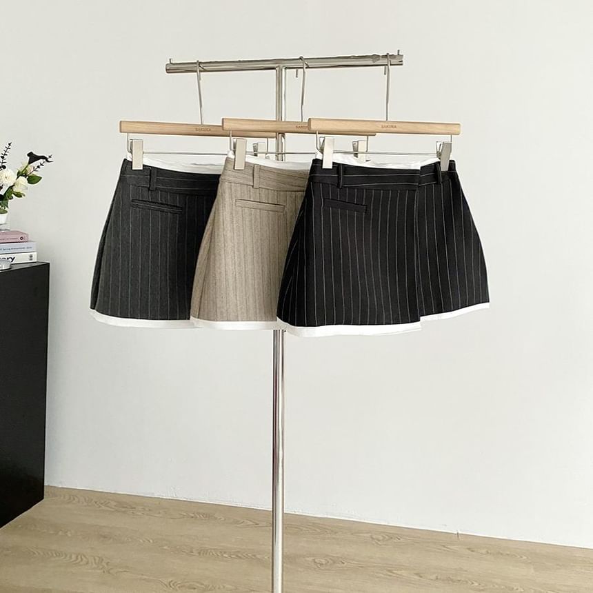 High-Rise Striped Asymmetric Contrast-Trim Mini Flared Skirt