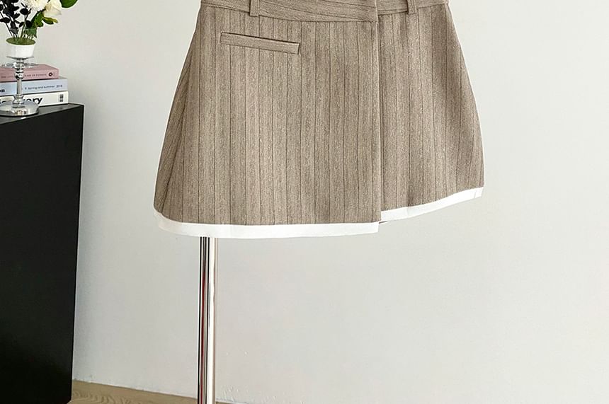 High-Rise Striped Asymmetric Contrast-Trim Mini Flared Skirt