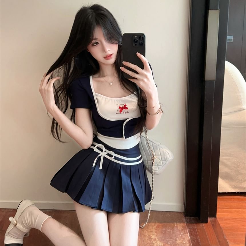 Two-Tone Crop Top & Pleated Skirt Pair