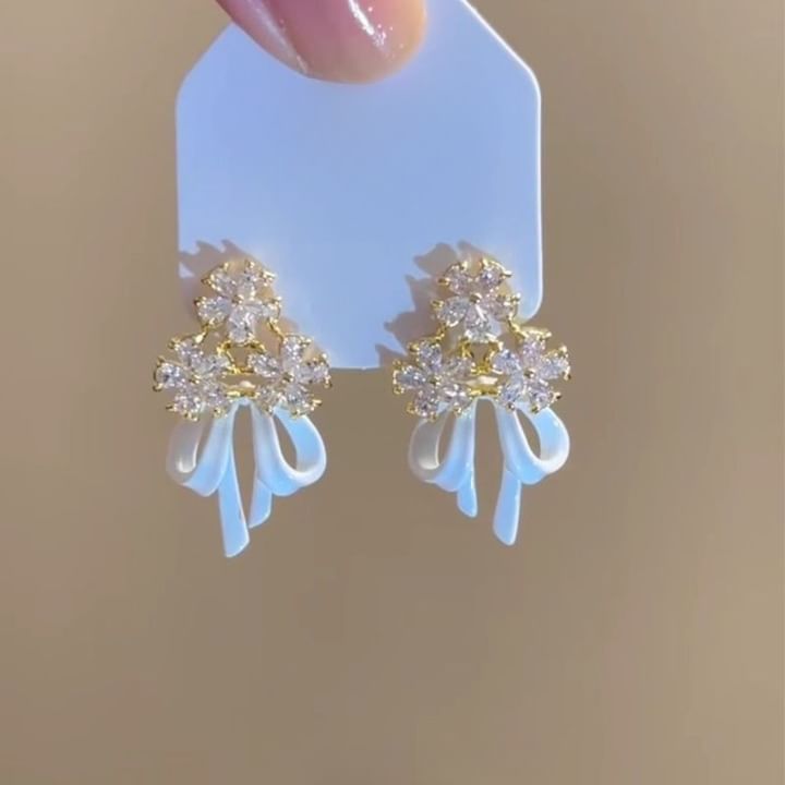 Alloy Bow Earring Floral Chandelier Rhinestone