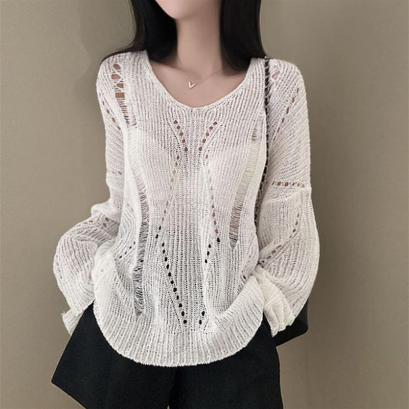 V-Neck Long-Sleeve Ribbed Knit Pullover Sweater