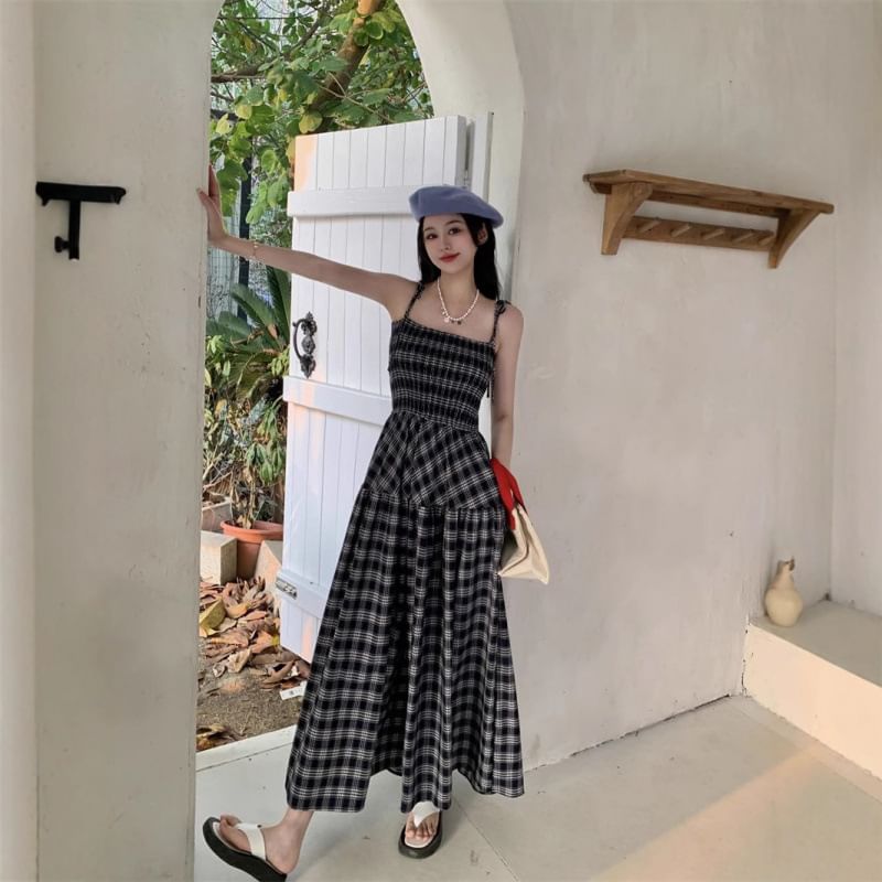 Spaghetti Strap Square Neck Plaid Maxi A-Line Dress