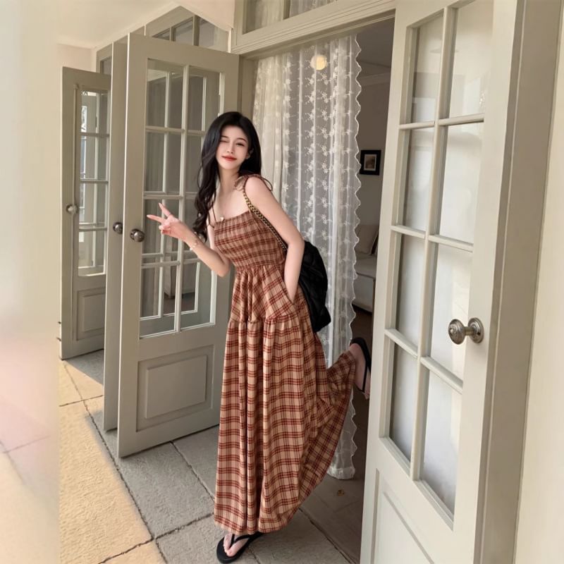 Spaghetti Strap Square Neck Plaid Maxi A-Line Dress