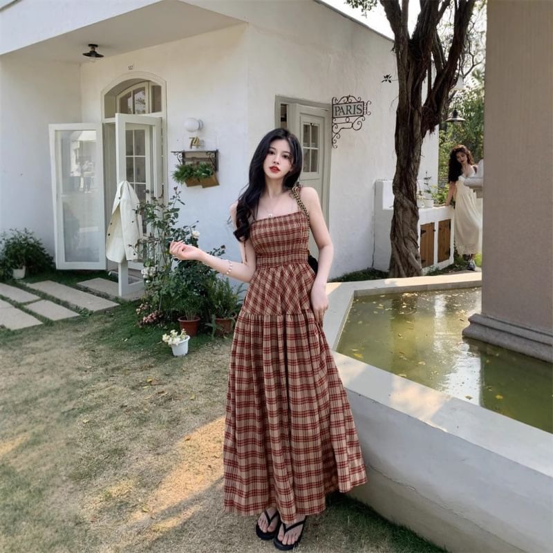 Spaghetti Strap Square Neck Plaid Maxi A-Line Dress
