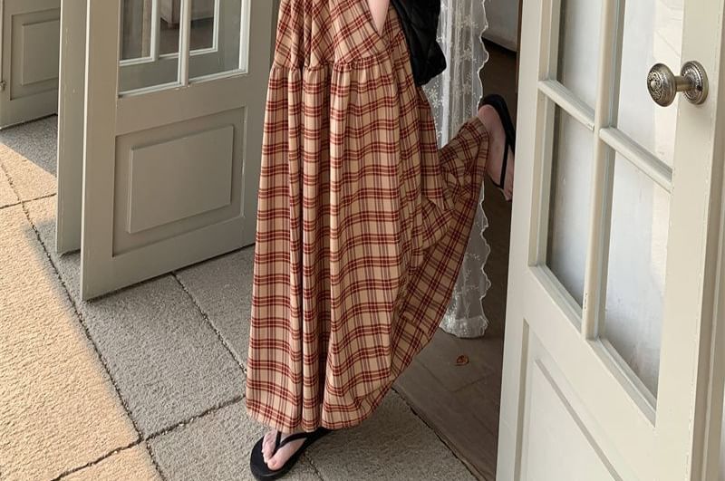 Spaghetti Strap Square Neck Plaid Maxi A-Line Dress