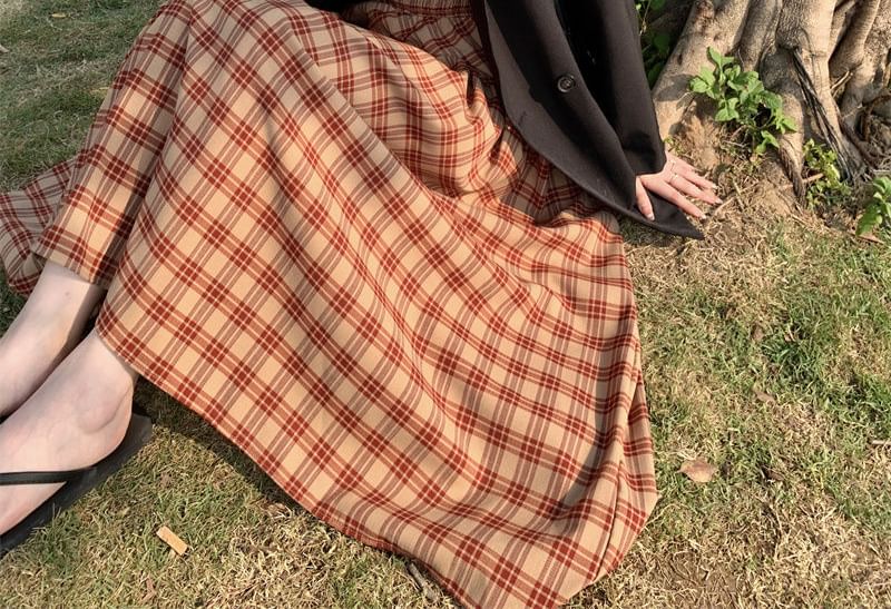 Spaghetti Strap Square Neck Plaid Maxi A-Line Dress