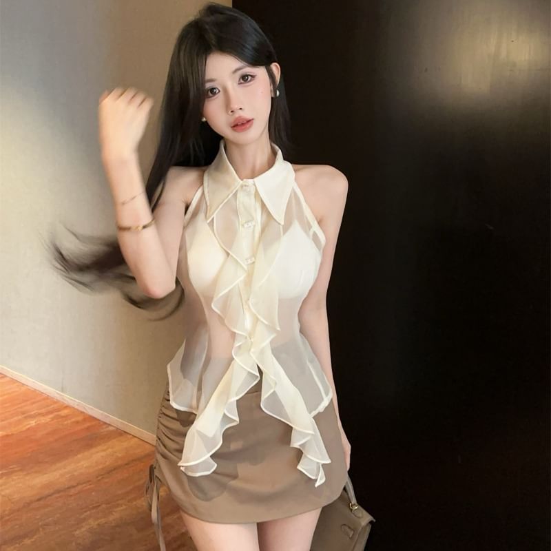 Sleeveless Ruffled Crop Top & Pencil Skirt