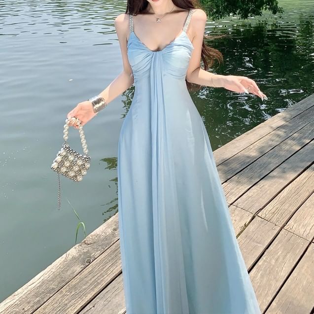Spaghetti Strap Plain Knot Rhinestone Maxi A-Line Dress