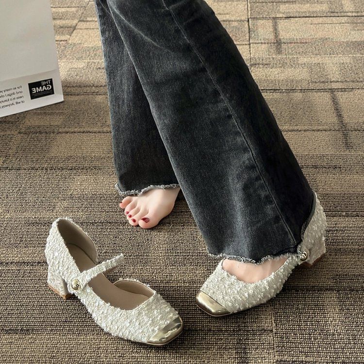 Tweed Toe Sequin Heel Mary Square Block Jane Pumps