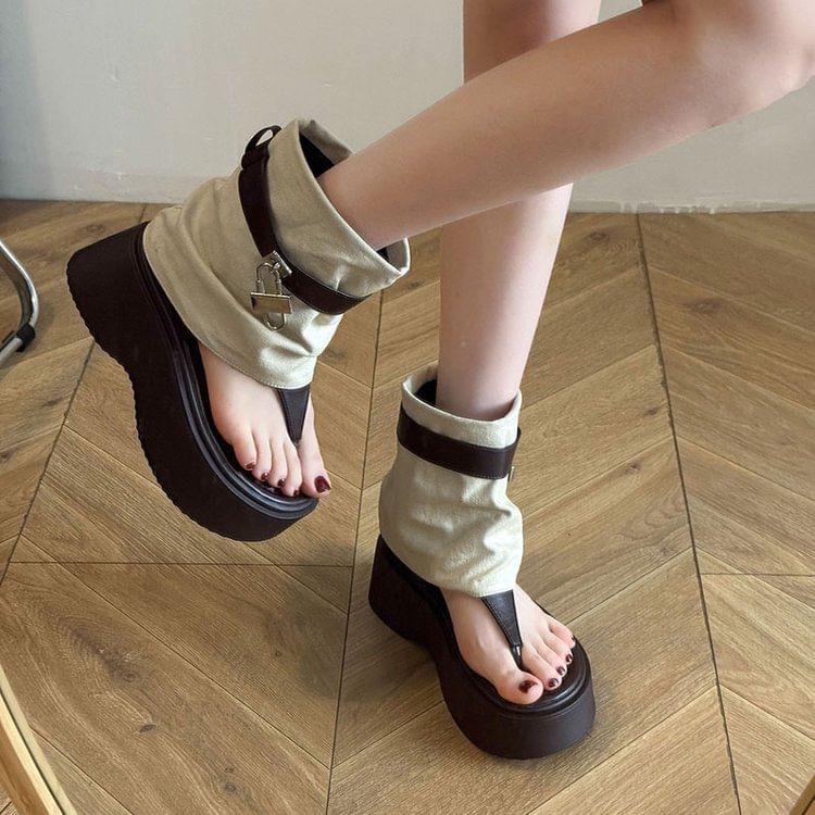 Thong Padlock Boots Panel Platform