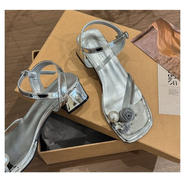 Faux Heel Sandals Pearl Flower Block