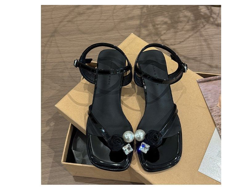 Faux Heel Sandals Pearl Flower Block
