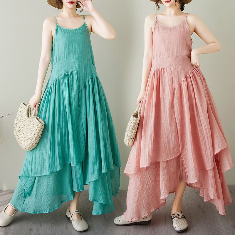 Spaghetti Strap Plain Asymmetrical Plain Midi A-Line Layered Dress