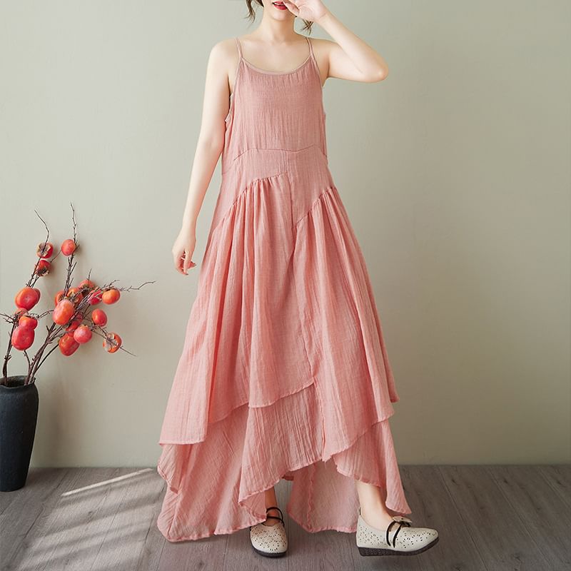Spaghetti Strap Plain Asymmetrical Plain Midi A-Line Layered Dress