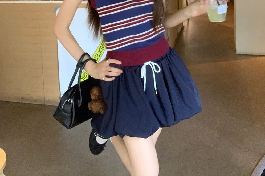 Contrast-Collar Striped Knit Crop Tank with Drawstring-Waist Bubble-Hem Mini Flared Skirt