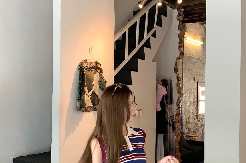 Contrast-Collar Striped Knit Crop Tank with Drawstring-Waist Bubble-Hem Mini Flared Skirt