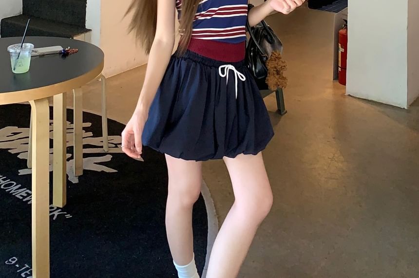 Contrast-Collar Striped Knit Crop Tank with Drawstring-Waist Bubble-Hem Mini Flared Skirt