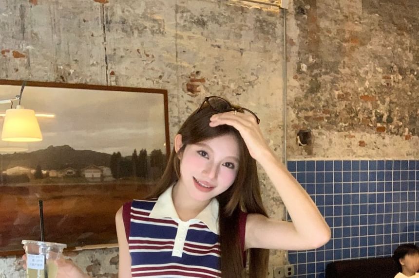 Contrast-Collar Striped Knit Crop Tank with Drawstring-Waist Bubble-Hem Mini Flared Skirt