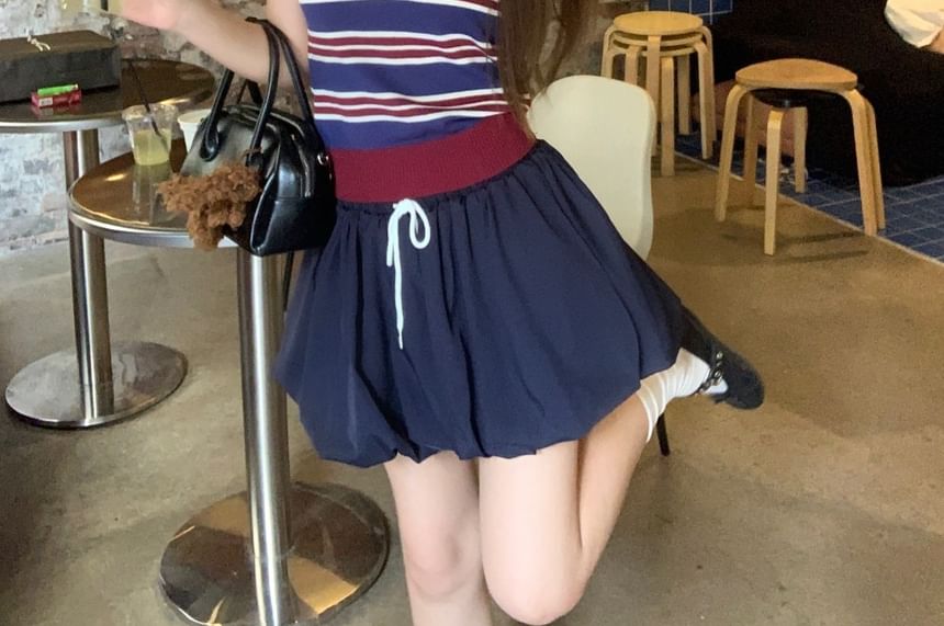 Contrast-Collar Striped Knit Crop Tank with Drawstring-Waist Bubble-Hem Mini Flared Skirt