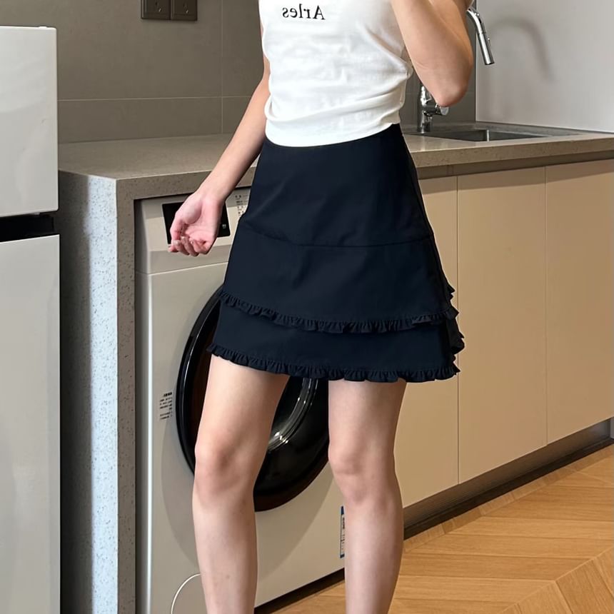 High-Waist Ruffle-Trim Mini Flared Skirt