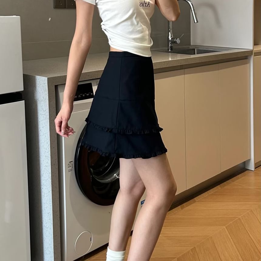 High-Waist Ruffle-Trim Mini Flared Skirt