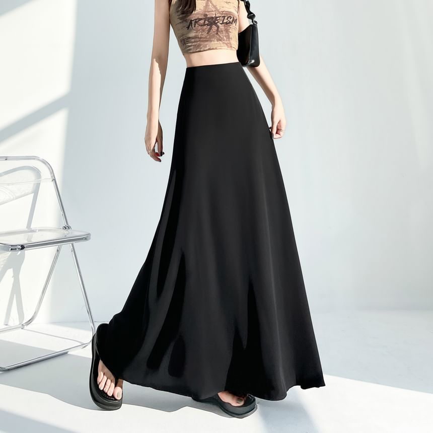 High-Waist Solid Maxi Flared Skirt