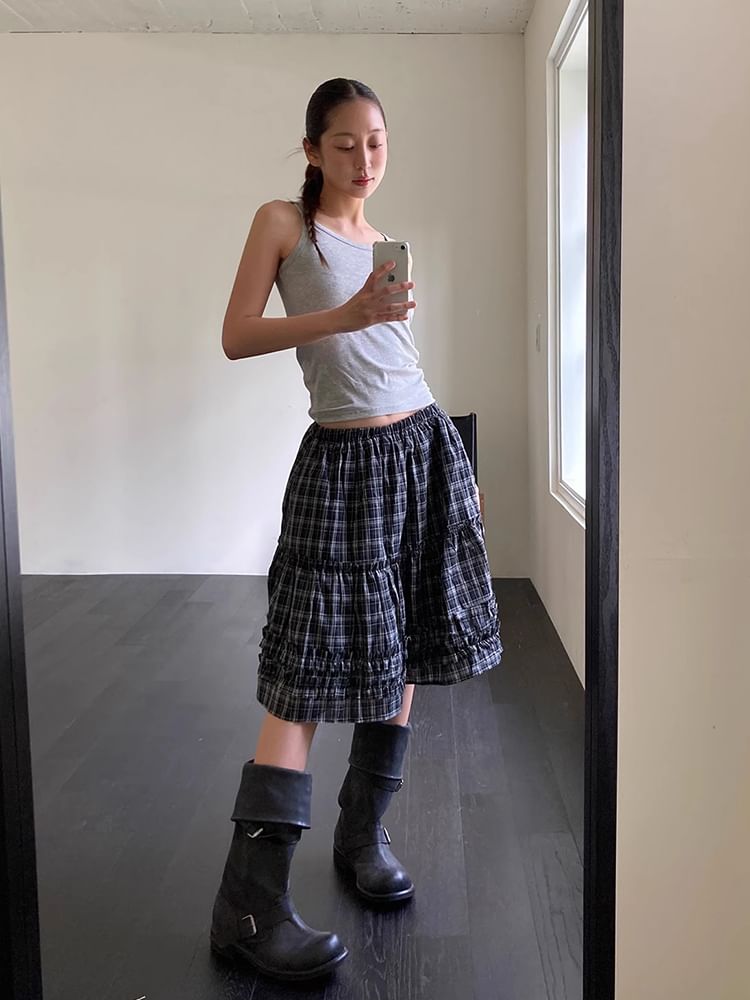 High-Rise Plaid Flared Skirt