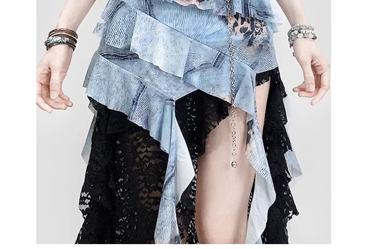 Spaghetti Strap Asymmetrical Ruffled Washed Denim Mini Bodycon Dress / High Waist Slit Midi A-Line Lace Skirt