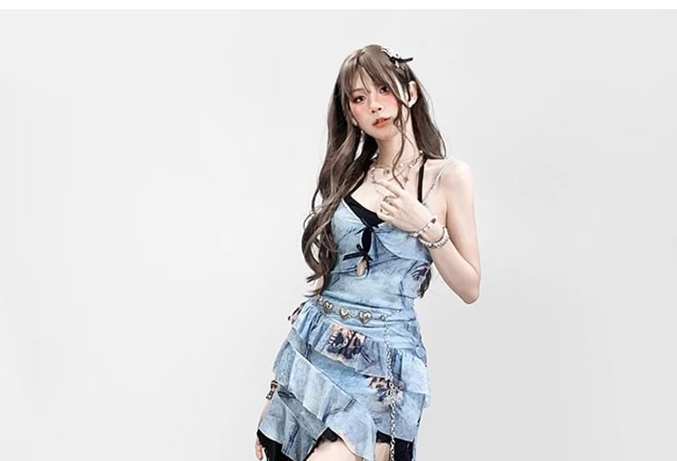 Spaghetti Strap Asymmetrical Ruffled Washed Denim Mini Bodycon Dress / High Waist Slit Midi A-Line Lace Skirt
