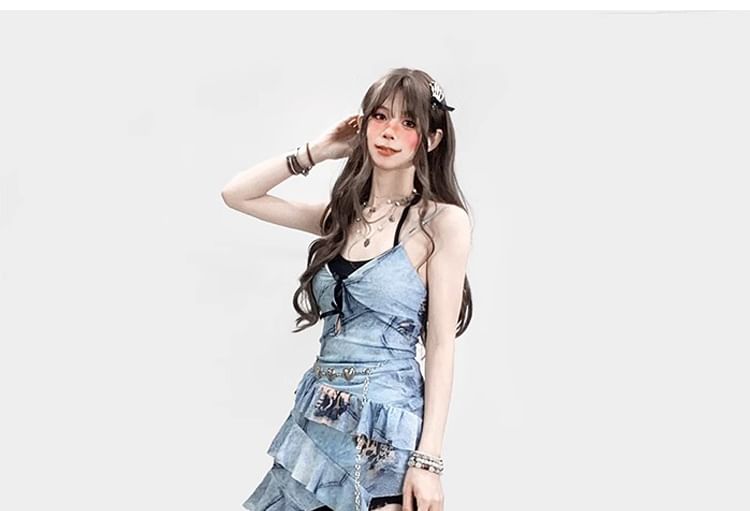 Spaghetti Strap Asymmetrical Ruffled Washed Denim Mini Bodycon Dress / High Waist Slit Midi A-Line Lace Skirt