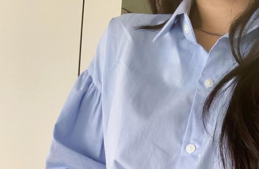 Collared Long-Sleeve Shirt with High-Waist Washed Asymmetric Midi Denim Flared Skirt