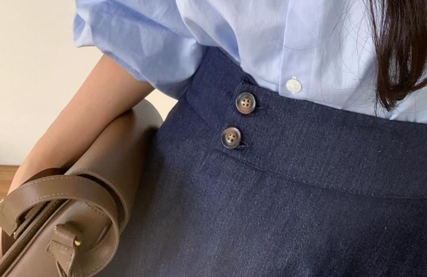 Collared Long-Sleeve Shirt with High-Waist Washed Asymmetric Midi Denim Flared Skirt