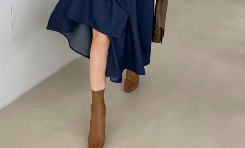 Collared Long-Sleeve Shirt with High-Waist Washed Asymmetric Midi Denim Flared Skirt