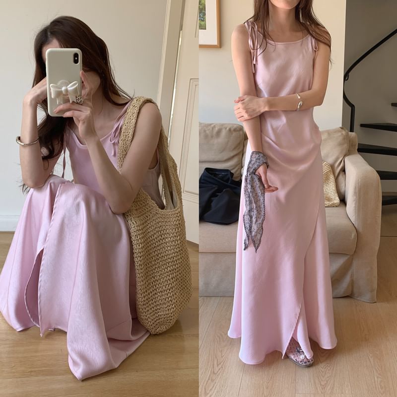 Tie Shoulder Plain Satin Maxi A-Line Dress