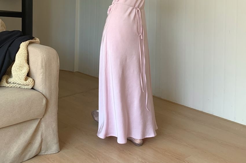 Tie Shoulder Plain Satin Maxi A-Line Dress