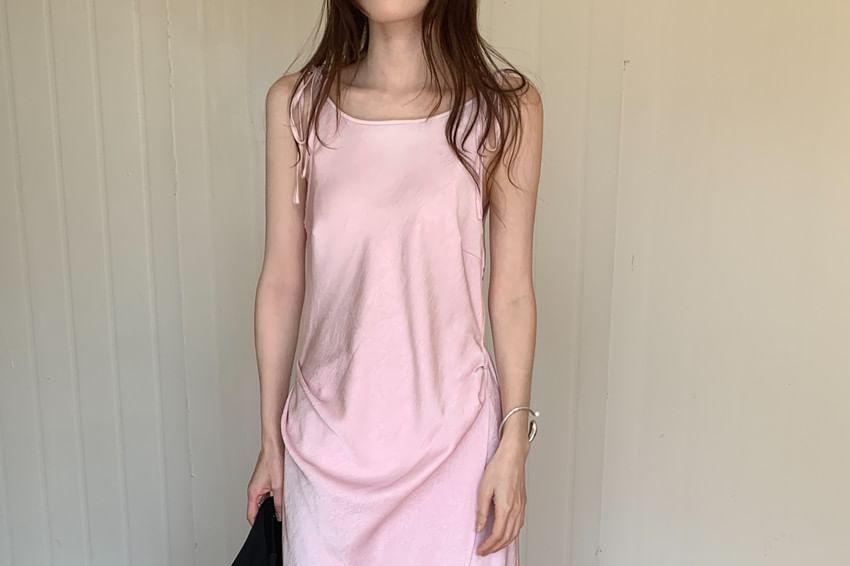 Tie Shoulder Plain Satin Maxi A-Line Dress