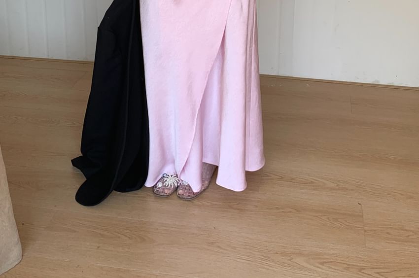 Tie Shoulder Plain Satin Maxi A-Line Dress