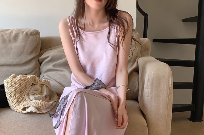 Tie Shoulder Plain Satin Maxi A-Line Dress