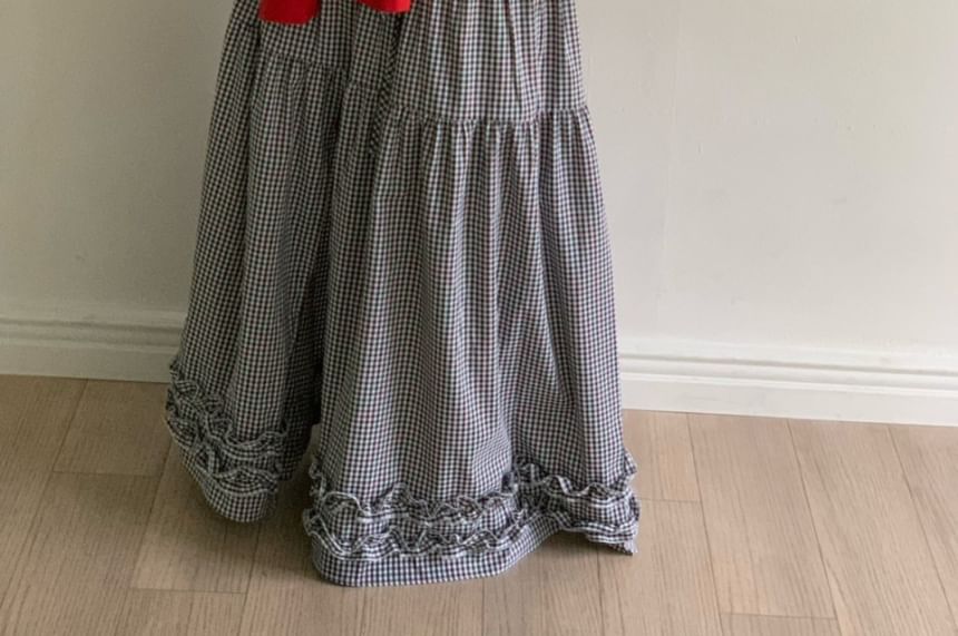 Elastic-Waist Tiered Slit Frill Maxi Flared Skirt