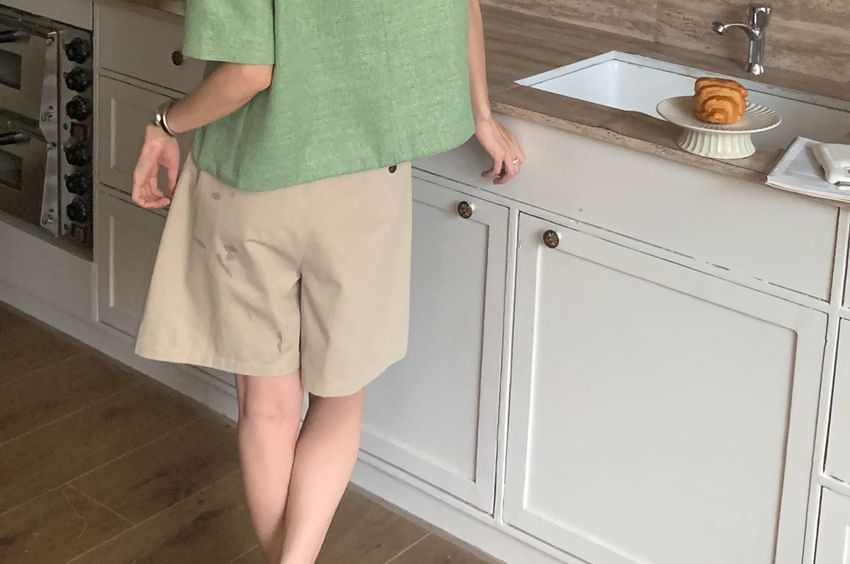 Short Sleeve Round Neck Plain Tweed Slit Button Jacket