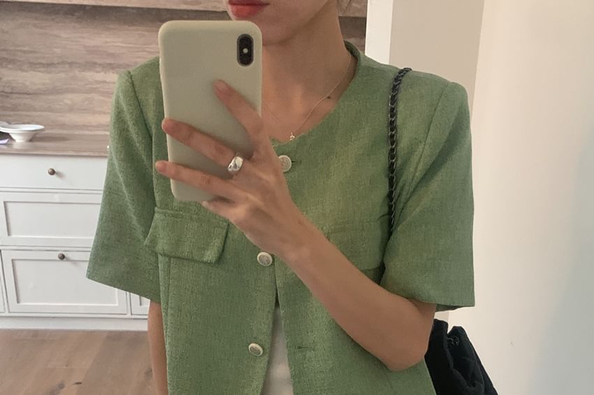 Short Sleeve Round Neck Plain Tweed Slit Button Jacket