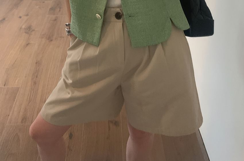 Short Sleeve Round Neck Plain Tweed Slit Button Jacket