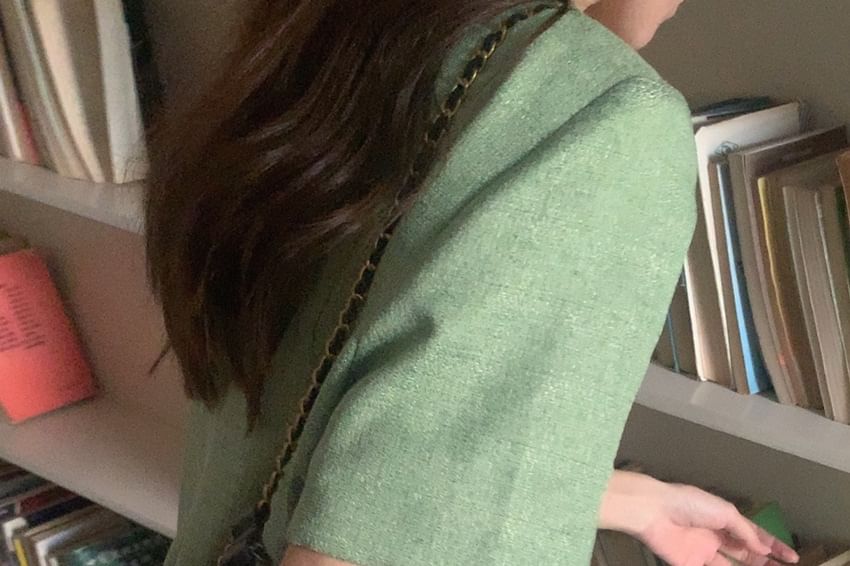 Short Sleeve Round Neck Plain Tweed Slit Button Jacket